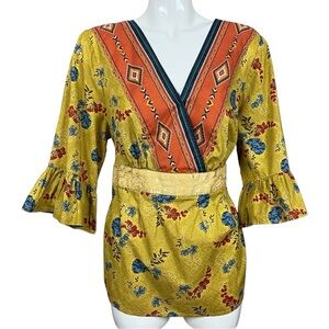 Venezia Bell Sleeve Surplice Neck Tie Waist Mustard Yellow Floral Blouse Large